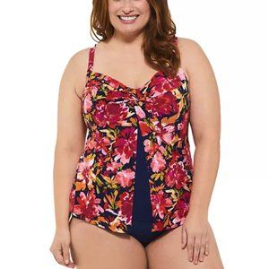 Split Front Tankini Tropical Leaf Swim Top 3X
